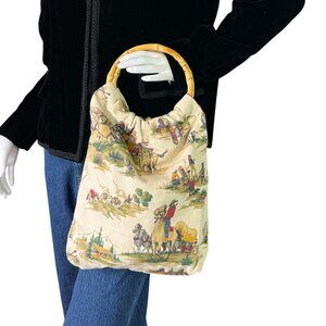 Vintage Cowboy Western Toile Tote Bag Double Rattan Handles Handmade